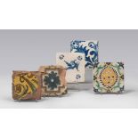 FIVE TILES IN MAIOLICA, 18-19TH CENTURY

various motifs, polychrome.

Maximum size cm. 15 x 15.