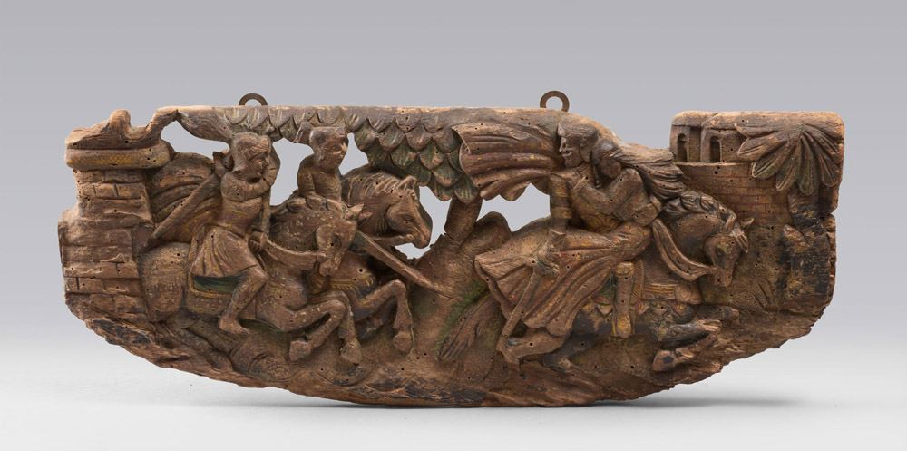 ELEMENTS OF A SICILIAN CART, 18TH CENTURY

wood lacquered polychrome, carved with knightly scene.