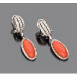 PAIR OF EARRINGS

in white gold 18 kt., with pendant coral surrounded by diamonds and elements in