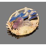 BROOCH

in yellow gold 18 kt., depicting sea bed in lost wax with polychrome glazing and