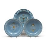 THREE PLATES IN MAIOLICA, PAVIA LATE 18TH CENTURY

entirely in blue glazing, painted in white and