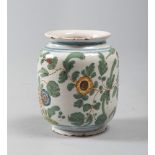 DRUG JAR IN MAIOLICA, PESARO LATE 18TH CENTURY

glazed white, green and polychrome, with floral