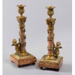 FINE PAIR OF CANDLESTICKS IN RED VERONA MARBLE, 19TH CENTURY

trim in ormolu and shaft as column