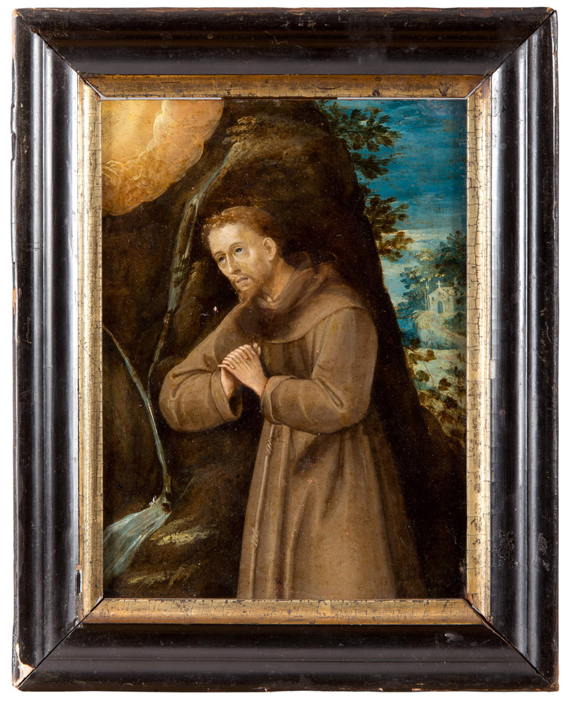 FLEMISH PAINTER, EARLY 17TH CENTURY



LANDSCAPE WITH SAINT FRANCIS PRAYING

Oil on copper, cm. 22,5