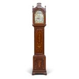 FINE LONGCASE CLOCK, ENGLAND EARLY 19TH CENTURY

entirely in mahogany, with inlay of grotesques