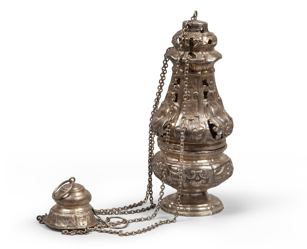 TURIBLE IN SILVER, KINGDOM OF NAPLES, LATE 18TH CENTURY

in two sections, embossed with coats of