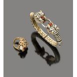 LOVELY SET WITH SEMIRIGID BRACELET AND RING

in yellow gold 18 kt., tiger head shape with polychrome