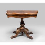 GAMING TABLE, ENGLAND EDWARDIAN PERIOD 

olive burl and mahogany, with inlay in satin wood.

Size