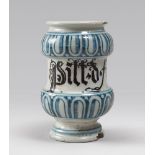 SMALL ALBARELLO IN MAIOLICA, OFFICINA VENETA MID 18TH CENTURY

glazed white and blue, inscribed.