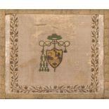 HERALDRY QUILT IN SILK, 18TH CENTURY

with gold and silver threads, central Cardinal crest. Wooden