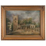 ENGLISH PAINTER, 19TH CENTURY



LANDSCAPE WITH CHURCH, TOWER AND FIGURES WALKING

Oil on canvas,