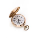 POCKET WATCH

case in yellow gold 18 kt., engraved, face in white enamel with Roman numerals and
