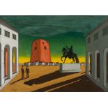 GIORGIO DE CHIRICO (Volos 1888 - Roma 1978) Piazza d'Italia (con statua equestre e torre rossa)