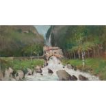 OSCAR RICCIARDI (Napoli 1864 - 1935) PAESAGGIO FLUVIALE CON MULINO E CASCATE