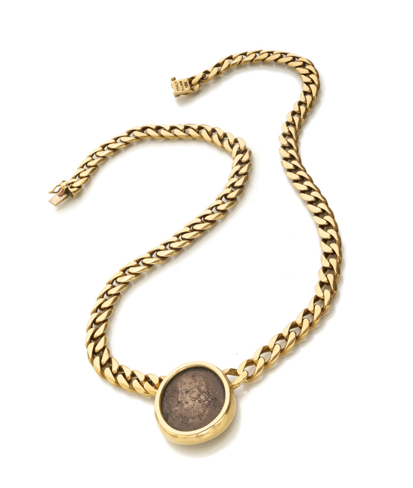 IMPORTANT NECKLACE BULGARI in yellow gold 18 kts., chain sweater with ancient coin with engraved