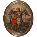 NEAPOLITAN PAINTER, 18TH CENTURY TOBIOLO AND THE ANGEL Oil on oval cardboard and chalk, cm. 32,5 x