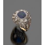 BEAUTIFUL RING gold and silver, central sapphire and diamonds rose-cut pave. Sapphire ct. 1.50,