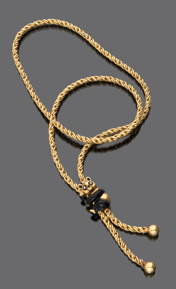 NECKLACE 18 kt yellow gold. with pendant Panda Bear silhouette with black enamel and small