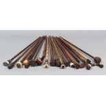 EIGHTEEN WOOD WALKING STICKS, LATE 19TH, EARLY 20TH CENTURY with knobs in horn, hard stones, metals,