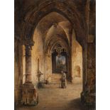 ITALIAN PAINTER, 19TH CENTURY INTERNAL VIEW OF MONASTERY WITH MONK Oil on canvas, cm. 21 x 16