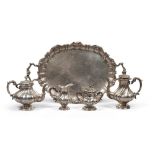 SILVER TEA AND COFFEE SERVICE, ITALY FIRST HALF 20TH CENTURY embossed with twisted handles with