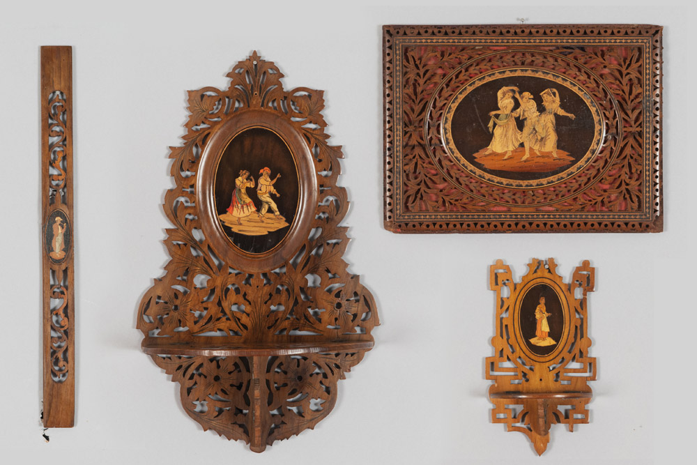SHELFS, RULER AND CHERRY PLATE, SORRENTO LATE 19TH CENTURY with vegetable piercing and inlays to