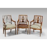 THREE ARMCHAIRS IN WALNUT-TREE, LATE LOUIS XVI PERIOD with backrest pierced lyre, armrests and