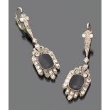 BEAUTIFUL PAIR OF EARRINGS in platinum, with sapphires and contour of diamond ancient cut. Sapphires