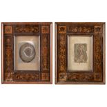 A PAIR OF INLAID FRAMES, CHARLES X PERIOD Boxwood inlays of fruit, birds and cartouches. Inner