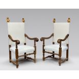 A PAIR OF WALNUT THRONES, CENTRAL ITALY 18TH CENTURY a rectangular backrest, with flames and