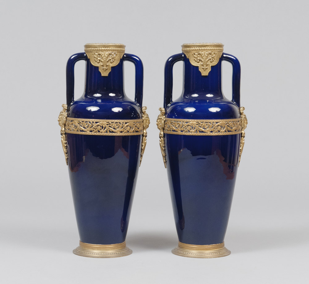 A PAIR OF PORCELAIN VASES, PROBABLY FRANCE 19TH CENTURY enamel cobalt, with finishes in gilded metal