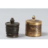 TWO BRONZE AND METAL SCATTER ASHES, 17TH-19TH CENTURY h. cm. 8 and cm. 7,5.