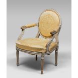 GRAY LACQUERED WOOD ARMCHAIR, PROBABLY FRANCE, LATE LOUIS XVI PERIOD with backs to medallions,