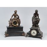 TWO TABLE CLOCKS, PROBABLY FRANCE 19TH CENTURY with figures of female allegories in burnished metal.