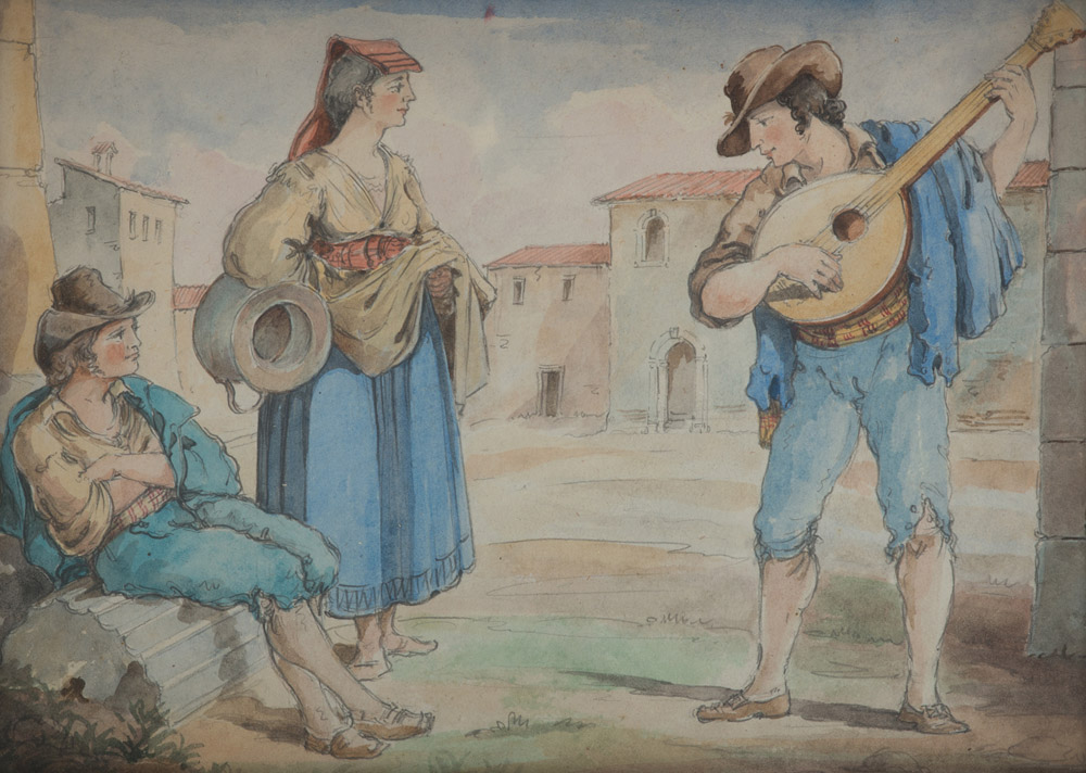 ROMAN PAINTER, LATE 19TH CENTURY MUSICIAN BETWEEN COMMONEERS, AFTER PINELLI Watercolor on paper,