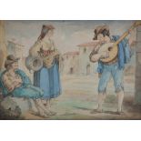 ROMAN PAINTER, LATE 19TH CENTURY MUSICIAN BETWEEN COMMONEERS, AFTER PINELLI Watercolor on paper,