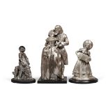 THREE SILVERED CERAMIC GROUPS, 20TH CENTURY representing gallant scene, musician and woman with