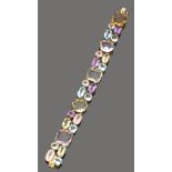 BRACELET in yellow gold 18 kts., with set quartzes and amethysts of various cut. Length cm. 18,00,