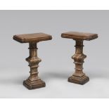 A COUPLE OF RED MARBLE BALUSTERS, 18TH CENTURY adapted to tables with shelves and beech wood