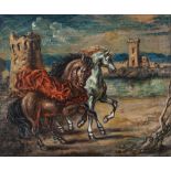 GIORGIO DE CHIRICO (Volos 1888 - Roma 1978) Due cavalli in un paese, fine anni '50