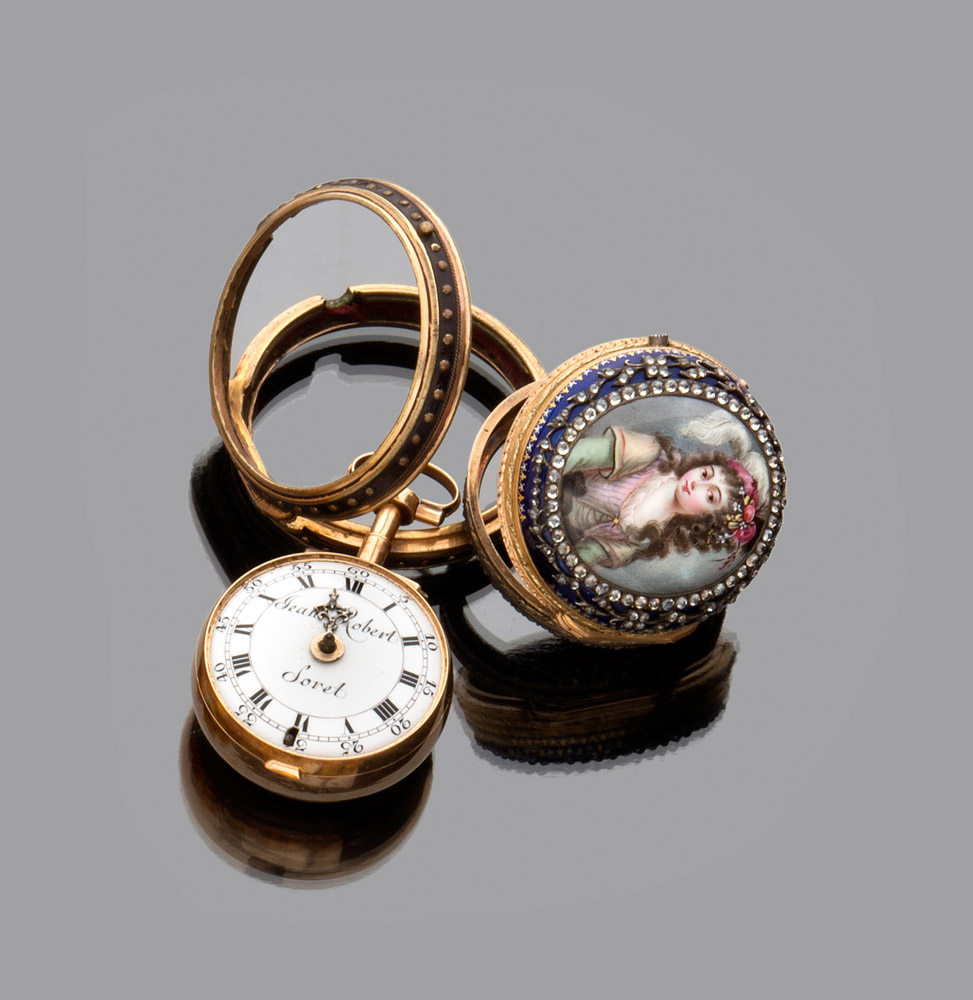 GRAZIOSO OROLOGIO DA TASCA, FINE XIX SECOLO in oro e argento, con cassa in smalto bianco con