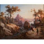 MASSIMO D'AZEGLIO (Torino 1798 - 1866) PAESAGGIO FANTASTICO CON CAVALIERE Olio su tela, cm. 25 x