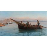 PIETRO BARUCCI (Roma 1845 - 1917) VEDUTA DEL GOLFO DI NAPOLI CON BARCHE DI PESCATORI E FANCIULLA