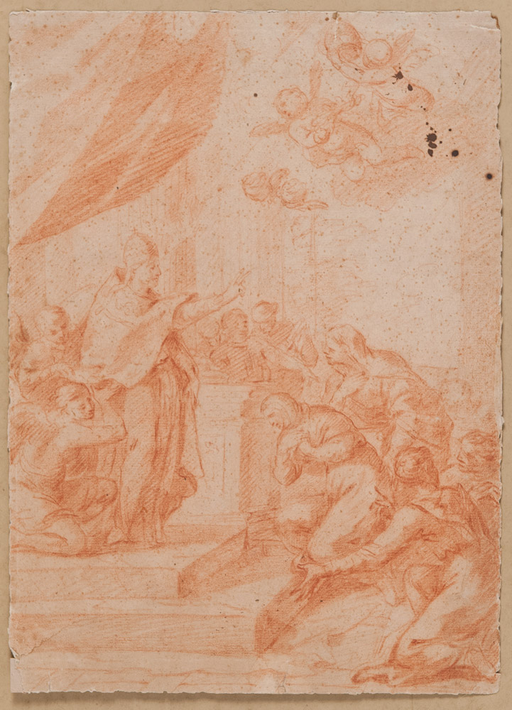 PITTORE ROMANO, XVIII SECOLO PONTEFICE BENEDICE UNA SUORA Sanguigna su carta, cm. 24,5 x 34 Foglio