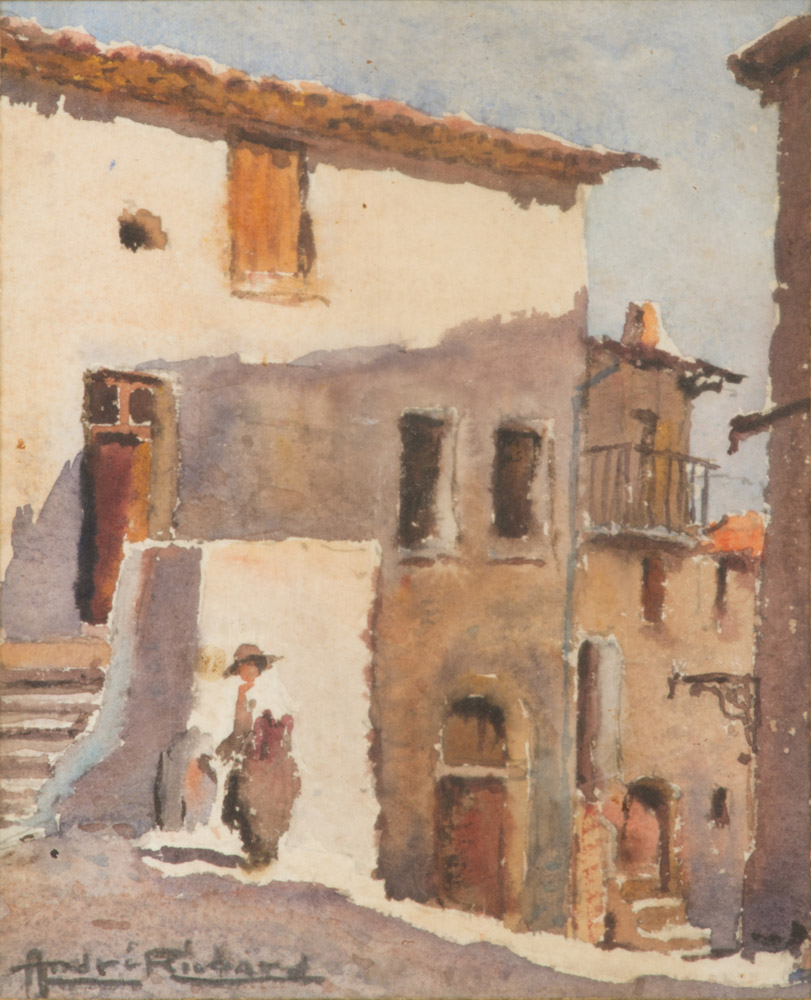 PITTORI FRANCESI DEL NOVECENTO Borgo sul mare Borgo Paesaggio Tre acquerelli su carta, cm. 25 x 17,