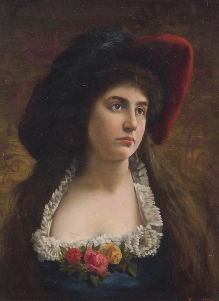 G. VELCICH (XIX secolo) RITRATTO DI DONNA CON CAPPELLO DI PIUME