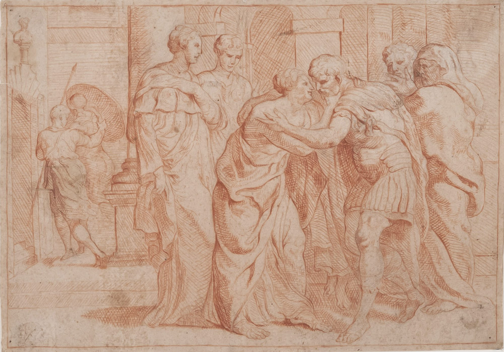 SEGUACE DI NICOLAS POUSSIN, INIZI XVIII SECOLO JEFTE E LA FIGLIA Sanguigna su carta, cm. 22 x 32