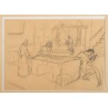 PITTORE ITALIANO DEL NOVECENTO Figure in interno di cucina Matita su carta, cm. 22 x 31 Non firmato