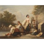 ALEXIS MATHONAT (Moulins 1832 -? 1890 ca.) LAUNDRESSES TO THE RIVER I oil on panel cm. 37 x 47