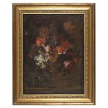 ROMAN PAINTER, 17TH CENTURY COMPOSITION OF FLOWERS IN EMBOSSED VESSEL Oil on canvas, cm. 65.5 x 50